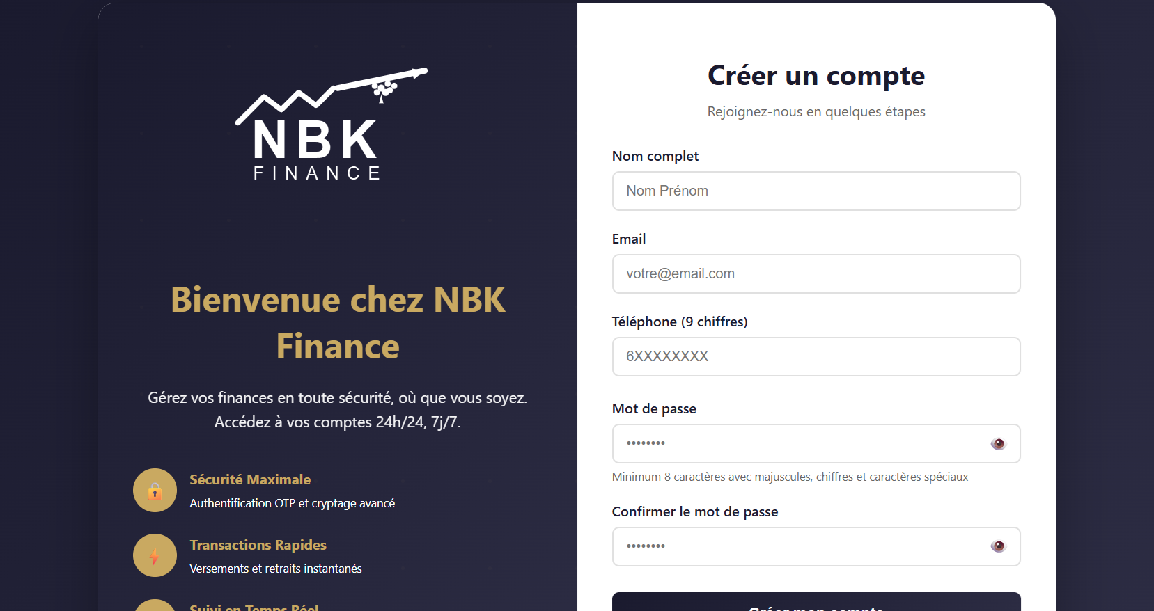 Capture d'écran du formulaire de création de compte NBK Finance